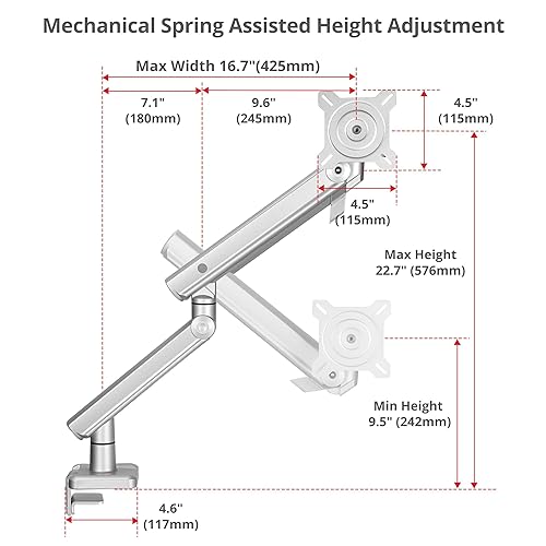 SIIG Single 49 Inch Mechanical Spring Monitor Arm Top Mount-Silver for 22-49 VESA Screens, Full Motion Tilt Swivel Rotation, Height Adjustable with C-Clamp Base, TAA Compliant (CE-MT3V11-S1)