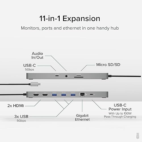 Plugable 11-in-1 USB-C Hub, 100W USB-C Pass-Through, Laptop Docking Station Dual Monitor, 4K 60Hz HDMI, Compatible with Thunderbolt, Windows, Chromebooks, Displays Mirrored on Mac