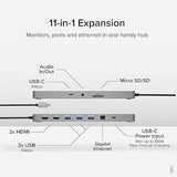 Plugable 11-in-1 USB-C Hub, 100W USB-C Pass-Through, Laptop Docking Station Dual Monitor, 4K 60Hz HDMI, Compatible with Thunderbolt, Windows, Chromebooks, Displays Mirrored on Mac