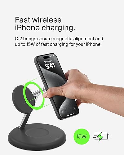 Belkin MagSafe-Compatible 3-in-1 Wireless Charger Stand 15W - Qi2-Certified Wireless Charging Station, Fast Charging of iPhone 16, AirPods, & Apple Watch - 36W Included - Black Black Gen 2