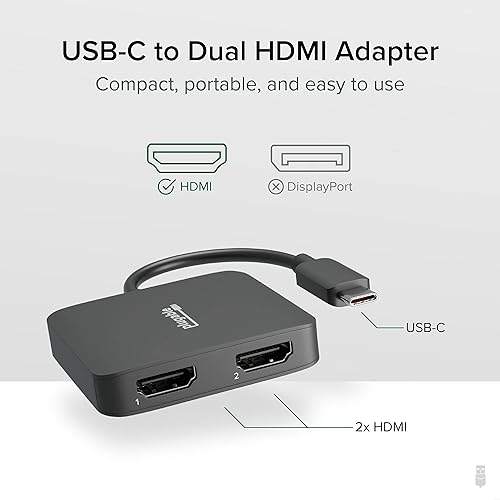 Plugable USB C to HDMI Adapter for Dual Monitors, 4K 60Hz USB C Hub for Windows and Chromebook, Driverless