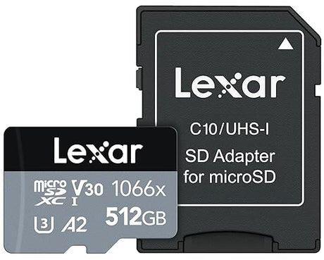 Lexar Professional 1066x 512GB microSDXC UHS-I Card w/SD Adapter Silver Series, Up to 160MB/s Read, for Action Cameras, Drones, High-End Smartphones and Tablets (LMS1066512G-BNANU) 512GB Adapter