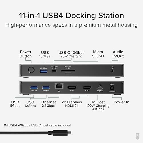 Plugable USB C Docking Station Dual Monitor, 11-in-1, USB4 40G 100W Laptop Charging Dock for Windows and Thunderbolt, 4K HDMI 2.1 up to 120Hz, 2.5Gbps Ethernet, SD Reader, 20W USB-C Charging