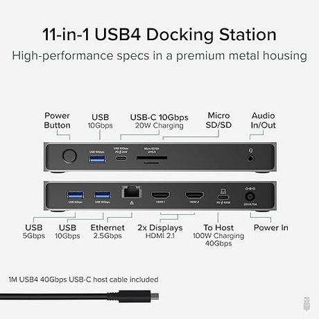 Plugable USB C Docking Station Dual Monitor, 11-in-1, USB4 40G 100W Laptop Charging Dock for Windows and Thunderbolt, 4K HDMI 2.1 up to 120Hz, 2.5Gbps Ethernet, SD Reader, 20W USB-C Charging