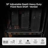 IOGEAR 1U Adjustable Depth Vented Rack Shelf – Heavy Duty Steel, 330 lb Capacity, 19.5–38.3 Depth, 27.5 Shelf, TAA Compliant — GRSH01
