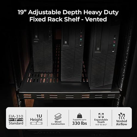 IOGEAR 1U Adjustable Depth Vented Rack Shelf – Heavy Duty Steel, 330 lb Capacity, 19.5–38.3 Depth, 27.5 Shelf, TAA Compliant — GRSH01