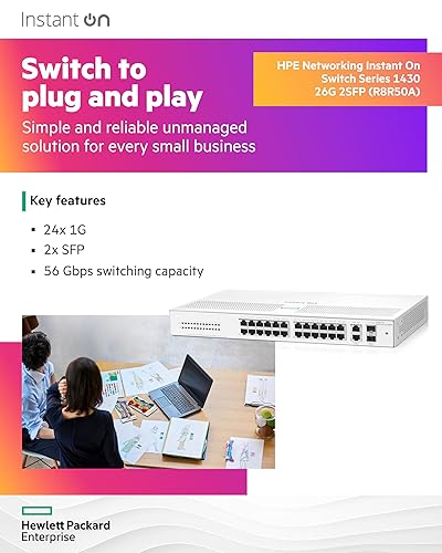 HPE Networking Instant On Switch Series 1430 26-Port Gb Unmanaged Layer 2 Ethernet Switch | 26x 1G | 2X SFP Uplink Ports | Fan-Less | US Cord (R8R50A#ABA) 26G 2SFP