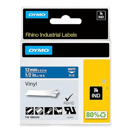 DYMO Industrial Labels for DYMO Industrial Rhino Label Makers, White on Blue, 1/2", 1 Roll (1805243), DYMO Authentic 1" White on Blue