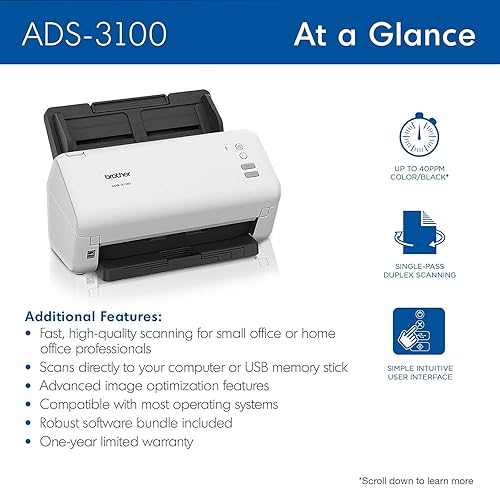 Brother ADS-3100 High-Speed Desktop Scanner | Compact with Scan Speeds of Up to 40ppm