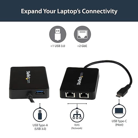 StarTech.com US1GC301AU2R USB C to Dual Port Gigabit Ethernet Adapter with USB 3.0 (Type-A) Port - USB Type-C Gigabit Network Adapter - Black