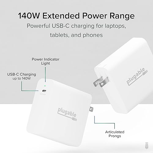 Plugable 140W USB C Charger, GaN Wall Charger for Laptop, PD 3.1 (EPR) Power Adapter, Compatible with MacBook Pro, MacBook Air iPad Pro, Surface and USB-C Devices
