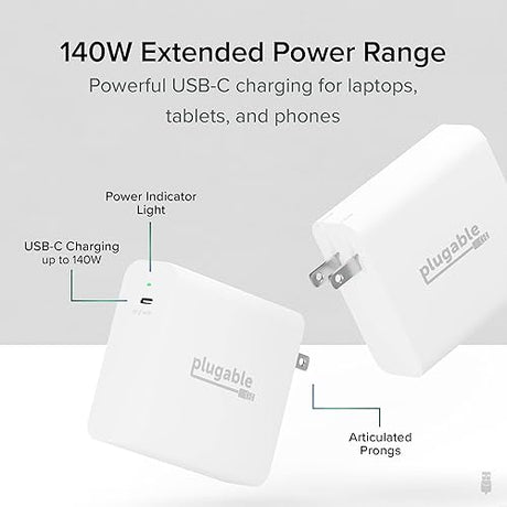 Plugable 140W USB C Charger, GaN Wall Charger for Laptop, PD 3.1 (EPR) Power Adapter, Compatible with MacBook Pro, MacBook Air iPad Pro, Surface and USB-C Devices