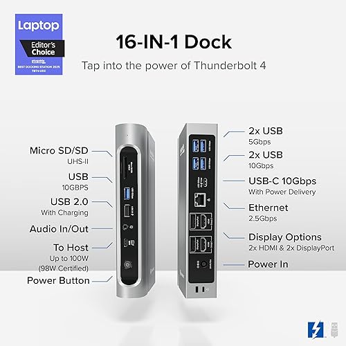 Plugable 16-in-1 Thunderbolt 4 Dock – Dual 4K Monitors for M4 MacBook Air/Pro, 100W Charging, 2X HDMI, 2X DisplayPort, 2.5G Ethernet, 7X USB, MicroSD/SD Card Reader, Audio, Windows & USB4 Compatible