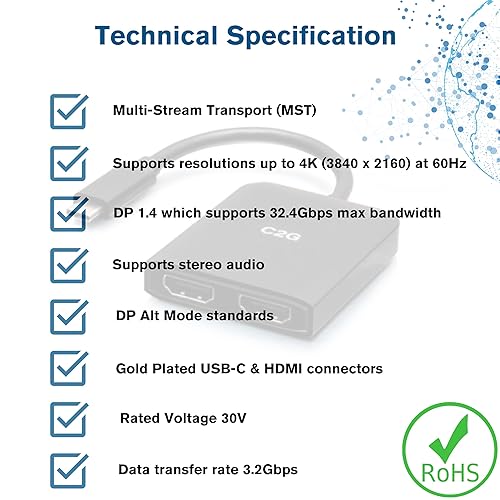 C2G USB-C to Dual HDMI 4K Dual Monitor MST Hub, Mini DP Multi-Stream Transport (MST) Multiple Monitor Splitter, Black
