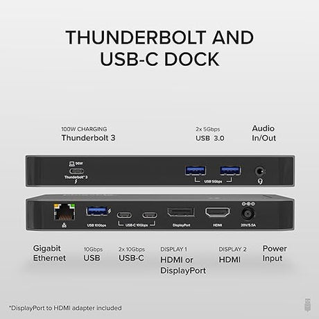 Plugable Thunderbolt 3 and USB C Docking Station with 96W Charging - Compatible with Mac and Windows Laptops, DisplayPort and HDMI, 2X USB-C, 3X USB 3.0, Gigabit Ethernet, Audio Jack - Horizontal
