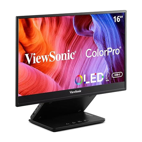 ViewSonic 15.6 Inch 1080p Portable OLED Monitor with 2 Way Powered 60W USB C, Pantone Validated, Factory Calibrated, Built in Ergonomic Stand with Protective Cover (VP16-OLED), Black