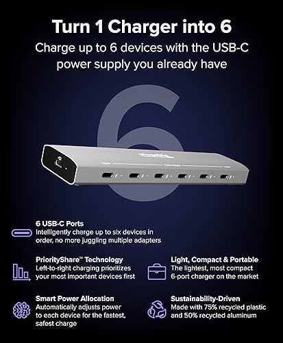 Plugable 6 Port USB C Charging Station, Up to 100W Charger for Multiple Devices with Priority Charging, Desktop Power Hub for USBC Devices Including Laptops Phones Tablets Earbuds and More (PS-6CC)