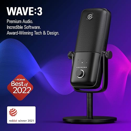 Elgato Wave:3 - Premium Studio Quality USB Condenser Microphone for Streaming, Podcast, Gaming and Home Office, Free Mixer Software, Sound Effect Plugins, Anti-Distortion, Plug ’n Play, for Mac, PC Black Microphone