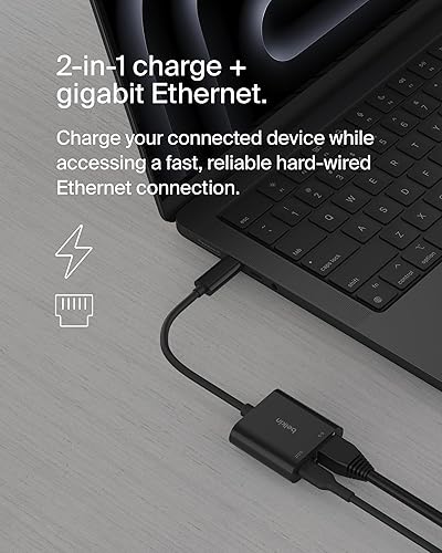 Belkin Connect USB-C to Ethernet + Charge Adapter 100W w/Gigabit Ethernet Port and USB-C Port - 10/100/1000 Mbps for Fast Internet Connection - Compatible with iPhone 15, Samsung Galaxy S24, & More