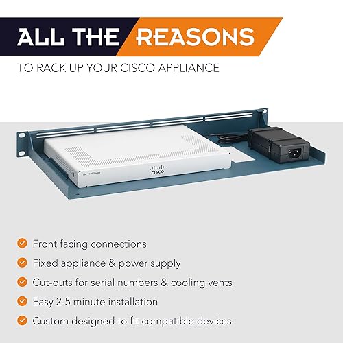 Rackmount.IT RM-CI-T11 Rack Mount Kit for Cisco ISR 1100, ISR 1100X, C926, and C927 Series – 1U, 19 Rackmount, Front-Facing Ports, Fixed Power Supply – Cisco Metallic Blue