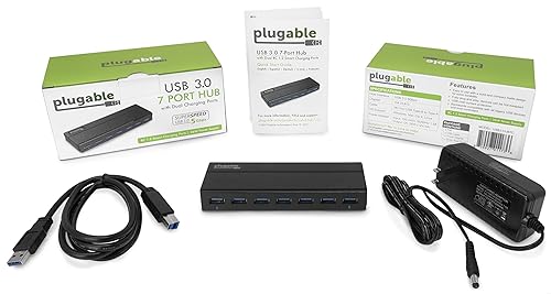 Plugable 7-Port USB 3.0 Hub with 36W Power Adapter - Driverless - Effortlessly Connect Devices and Transfer Data at High Speeds