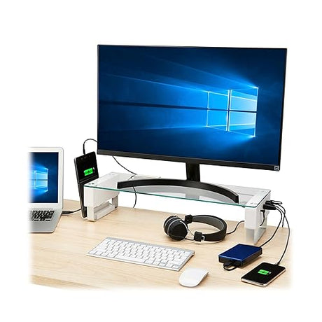 Tripp Lite Monitor Stand with 5 USB Ports & Audio Ports, Glass Top Desk Riser, Adjustable Height, Smartphone Stand | Laptop Computer iMac Stand - Office & Desk Organizer | 5-Year Warranty (MR248USBG)
