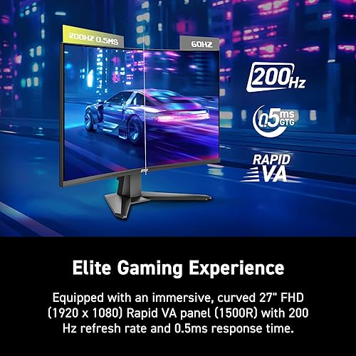 MSI MAG 276CF E20 27-inch 1920 x 1080 (FHD) Gaming Monitor, 200Hz, Adaptive-Synch, HDMI, DisplayPort, VESA Mountable, Tilt, Height Adjustable, Speaker, 0.5ms, Black