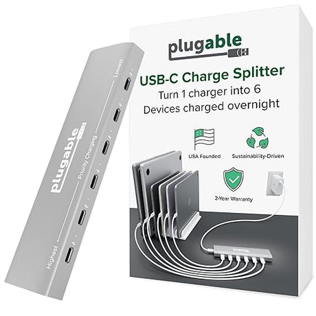Plugable 6 Port USB C Charging Station, Up to 100W Charger for Multiple Devices with Priority Charging, Desktop Power Hub for USBC Devices Including Laptops Phones Tablets Earbuds and More (PS-6CC)