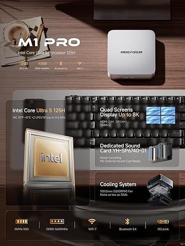 MINISFORUM M1 Pro-125H Mini PC Intel Core Ultra 5 125H (14C/18T, Up to 4.5Ghz), 32GB DDR5 1TB SSD, Mini Computers HDMI2.1/DP1.4/2xUSB4 Quad Display, 2.5G LAN, OCuLink, Dual Speaker/DMIC, WiFi 7, BT5.4 M1 Pro 32GB+1TB