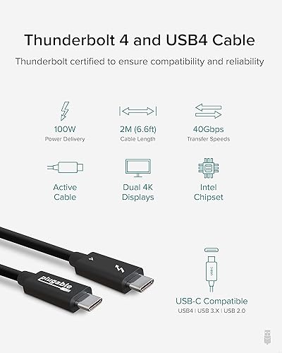 Plugable Thunderbolt 4 Cable [Thunderbolt Certified] 6.6ft USB4 Cable with 100W Charging, Single 8K or Dual 4K Displays, 40Gbps Data Transfer, Compatible with Thunderbolt, USB4, USB-C - Driverless ['2m (6.6ft)']