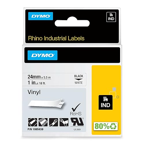 DYMO Rhino Industrial Vinyl Labels, 1", Black Print on White Tape Black on White 1" (24MM) Makers