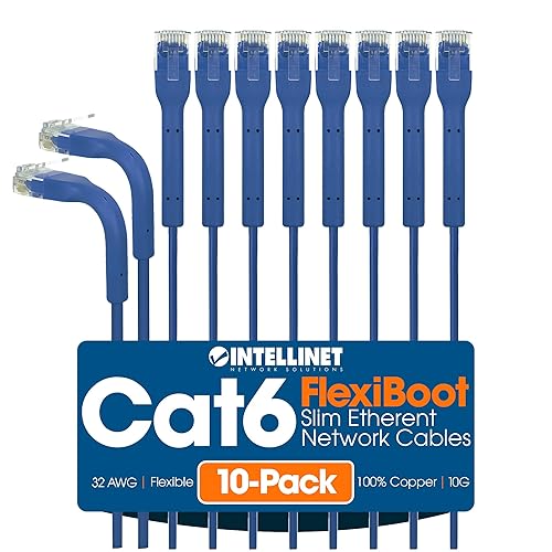 Intellinet FlexiBoot Slim Cat6 Ethernet Network Patch Cable – 10-Pack - 10Gbps & 250MHz, Flexible Bendable Boot, 32AWG Pure Bare Copper Wire, Gold-Plated Contacts - 14ft, Blue 14 ft Flexible Boot 10 Pack Blue