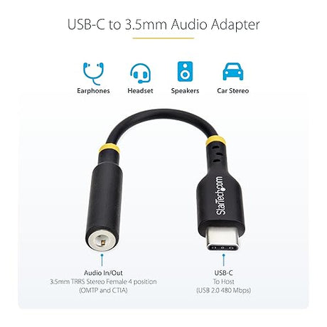 StarTech.com 5in (12.7cm) USB-C to 3.5mm TRRS Headphone/Headset Jack Audio Adapter, 32-bit DAC, USB C Aux Dongle for PC/Phone
