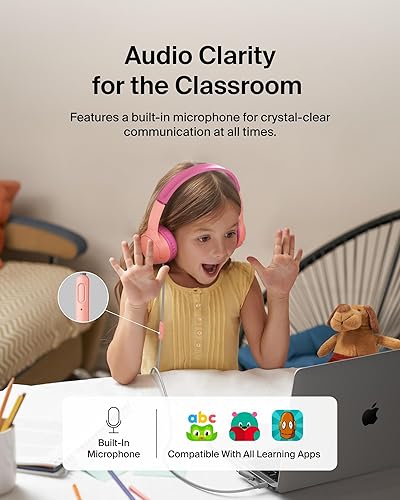 Belkin SoundForm Mini Kids Wired Headphones w/USB C to 3.5mm Dongle, Built-in Mic & Fun Stickers, 85dB Max Volume – for Online Learning, Travel, Compatible w/iPhone 16, iPad, Galaxy S25, etc - Pink