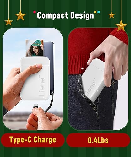 Liene 2x3” Photo Printer, Mini Instant Portable Color Mono Photo Printer Bundle 50 Zink Adhesive Paper, Bluetooth 5.0, Compatible w/iOS & Android, Small Picture Printer for iPhone, Smartphone, White White/50 Sheets