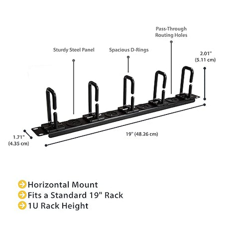 StarTech.com 1U 19 Cable Management Organizer - D Ring Hook Network/Server Rack Cord Manager - Data Center Horizontal Wire Panel with Passthrough Holes w/Mounting HW - EIA/ECA-310-E (CABLMANAGERH), 4 x 1.7 x 19 D-Ring Hooks + Pass-thru 4 x 1.7 x 19