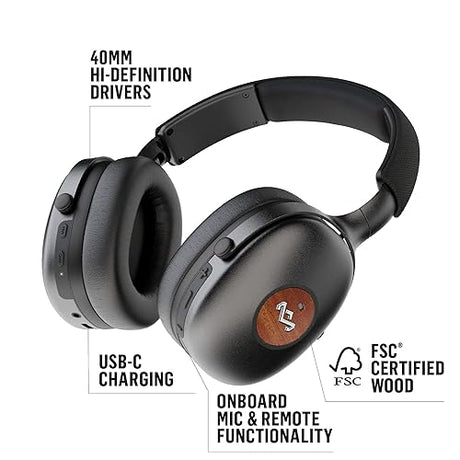 House of Marley Positive Vibration XL ANC: Noise Cancelling Over-Ear Headphones with Microphone, Wireless Bluetooth Connectivity, and 26 Hours of Playtime Signature Black Active Noise Cancelling