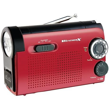 Weather X WR182R NOAA Weather Band and AM/FM Radio Flashlight with Dynamo Hand Crank Power (Red/Black)