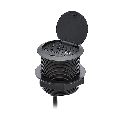 Tripp Lite Safe-IT Desktop Charging & Surge Protection Power Grommet Desk Cord Cable Hole Cover, 1 Outlet + 2 USB-A Ports, 1000 Joules, 10 Foot Cord, 15,000 Insurance (TLP12POAM) 1 Outlet 2 USB