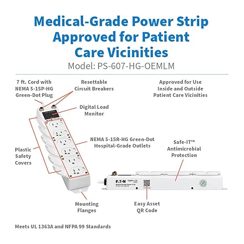 Tripp Lite Eaton Medical Hospital Power Strip for Patient Care Vicinity, UL 1363A Certified, 6 Outlets + 7ft Cord, Cart & IV Pole Mount Option, Lifetime Manufacturer's Warranty (PS-607-HG-OEMLM)