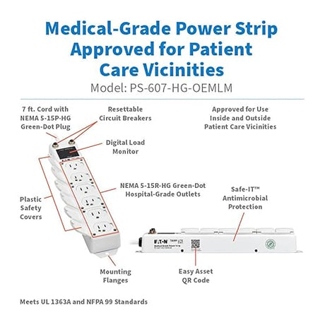 Tripp Lite Eaton Medical Hospital Power Strip for Patient Care Vicinity, UL 1363A Certified, 6 Outlets + 7ft Cord, Cart & IV Pole Mount Option, Lifetime Manufacturer's Warranty (PS-607-HG-OEMLM)