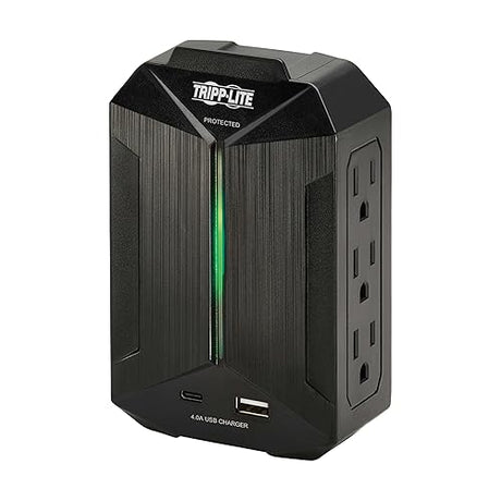 Tripp Lite Surge Protector Power Strip 6-Outlets + 1 USB & 1 USB-C Port, Direct Wall Plug-in, Black, Green LED Light, 490 Joules, EMI/RFI Filtering, 20,000 Insurance (SK62USBC)