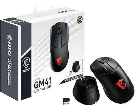MSI Clutch GM41 Lightweight Wireless Gaming Mouse & Charging Dock, 20,000 DPI, 60M Omron Switches, Fast-Charging 80Hr Battery, RGB Mystic Light, 6 Programmable Buttons, PC/Mac Clutch GM41 wireless LIGHTWEIGHT