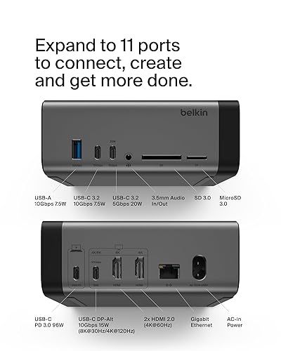 Belkin USB-C Hub, 11-in-1 Pro GaN Dock 150W, Multi-Port Docking Station w/USB-C, USB-A, Ethernet, SD, MicroSD, 3.5mm Port, 4K HDMI Ports for Triple Monitor Display - Compatible w/MacBook Pro & More