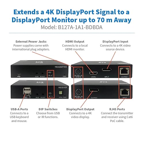 Tripp Lite DisplayPort Over Cat6 Ethernet Extender, Transmitter/Receiver Kit, Up to 230 Feet / 70 Meters, 4K@60Hz Video, 4:4:4, Power Over Cable, TAA Compliant, 1-Year Warranty (B127A-1A1-BDBDA)