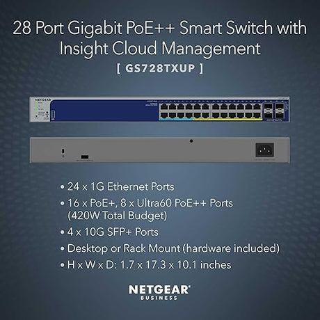 NETGEAR 28-Port Ultra60 PoE Gigabit Ethernet Smart Switch (GS728TXUP)- Managed, with 16 x PoE+ and 8 x PoE++ @ 420W, 4 x 10G SFP+, Optional Insight Cloud Management, Desktop or Rack Mount