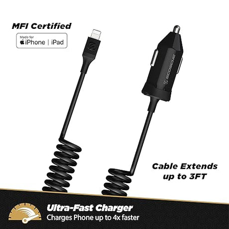SCOSCHE CPDi4203 PowerVolt 20W MFi Certified Fast Car Charger Power Delivery 3.0 with Attached 4-Foot Adjustable Coiled Lightning Cable for All Lightning Devices With Apple Lightning Cable