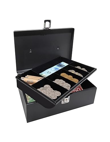 Royal Sovereign Canadian Cash Box With Latch Lock, Heavy Gauge Solid Steel with Removable 1 Bill and 6 Coin Compartment Tray, Large Separate Bottom Storage Space, 10.9” x 7.6” x 3.9”- Black