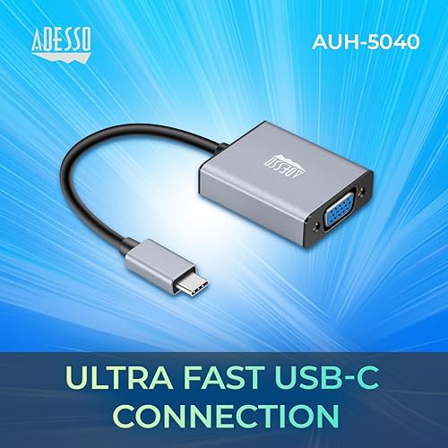 Adesso USB C to VGA Adapter, Aluminum, Thunderbolt 3/4 to VGA Adapter Compatible with iPhone 15 Pro/Max, MacBook Pro/Air 2023, iPad Pro, iMac, S23, XPS 17, Surface Book, and More