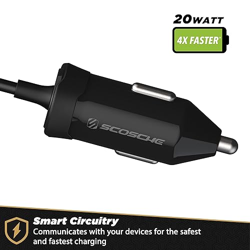 SCOSCHE CPDi4203 PowerVolt 20W MFi Certified Fast Car Charger Power Delivery 3.0 with Attached 4-Foot Adjustable Coiled Lightning Cable for All Lightning Devices With Apple Lightning Cable